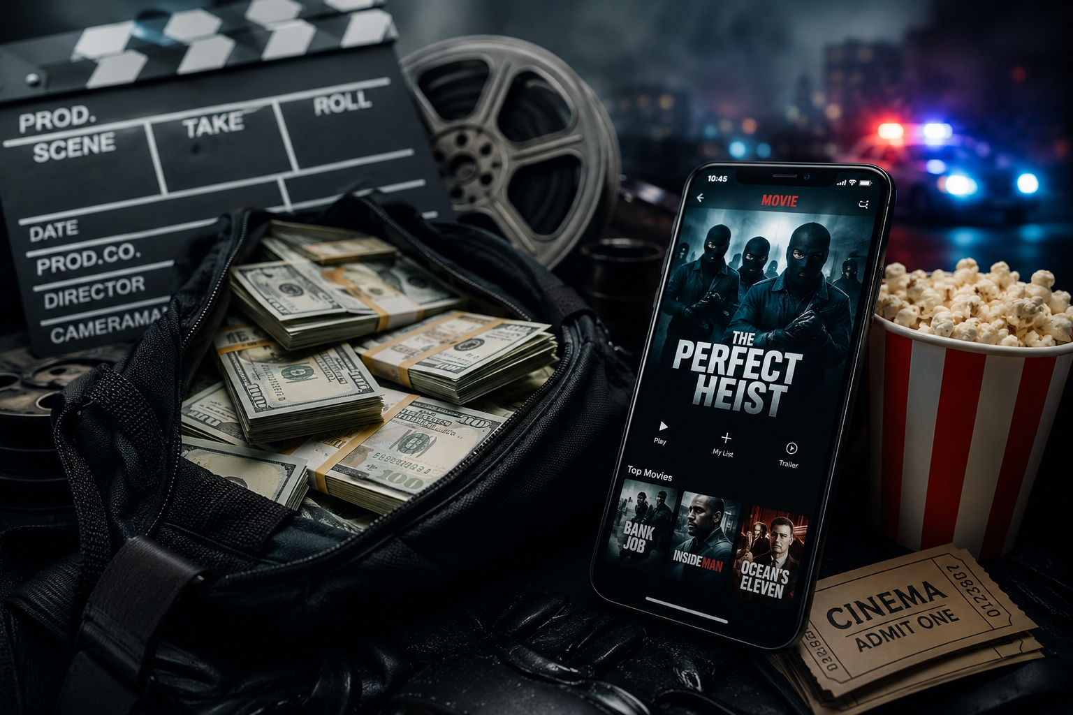 Bolsa con dinero, claqueta de cine y un móvil reproduciendo una película de atracos.